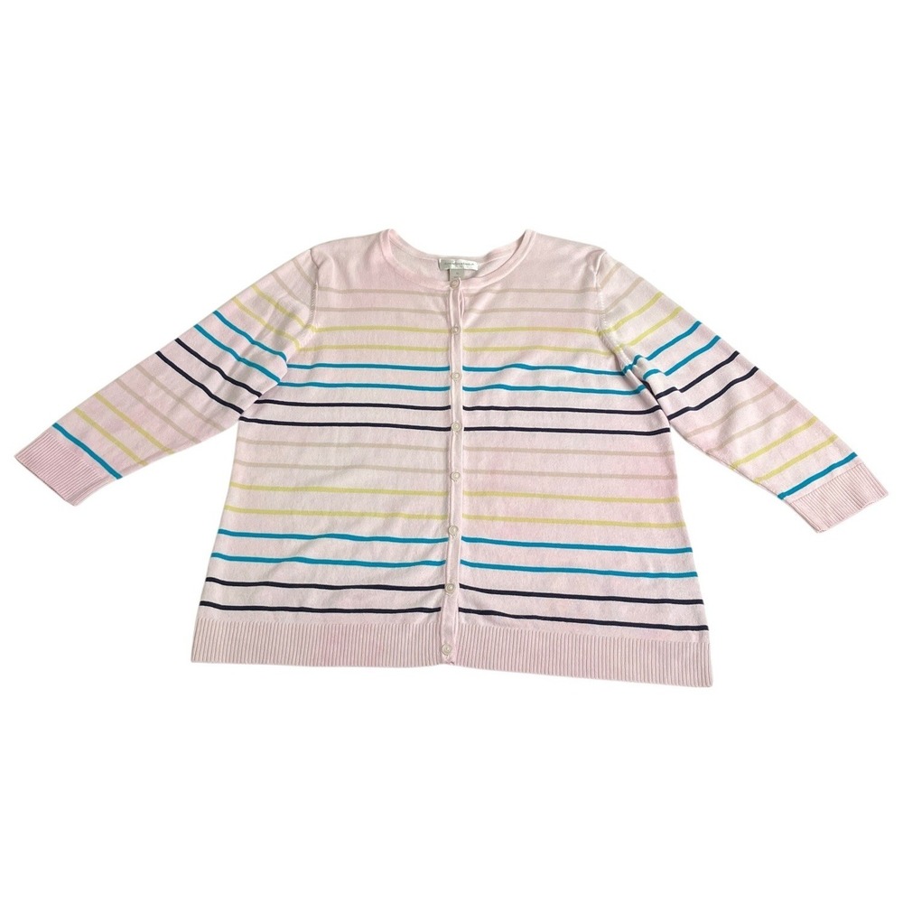Christopher & Banks Cardigan Sweater Womens XL Pink Striped Preppy Cotton Nylon